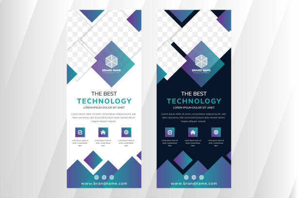 The best technology vertical banner design template isolated on white grey gradeint background diagonal pattern The best technology vertical banner design template. square shape for photo collage. white and dark blue background. blue purple gradient for element roll up banner. roll up banner photos stock illustrations