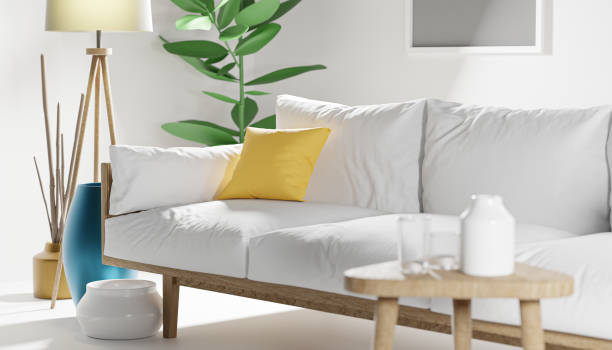 istock Minimalist living room white sofa yellow pillow . Scandinavian interior design 3D Render 1421731731