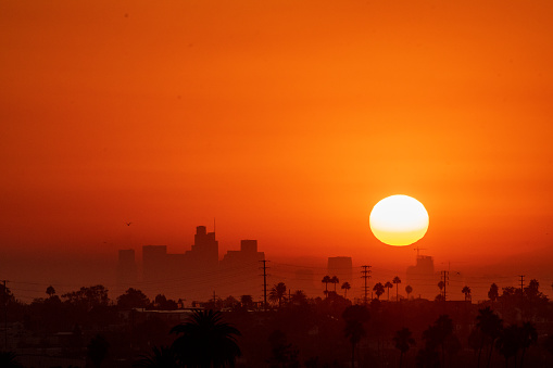 9/7/2022 - City Of Los Angeles, California, USA - The Sun rises on another day of record breaking temperatures, straining the power grid and dangerous heat advisories in Southern California as the heat wave continues straining California's power grid and causing many businesses to cut back on power usage.