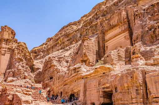 Walking to Royal Rock Tombs for Kings Petra Jordan Built by Nabataens in 200 BC to 400 AD