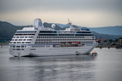 Juneau, Alaska - July 27, 2022: Oceania Regatta cruise ship at the cruise dock in Juneau.
