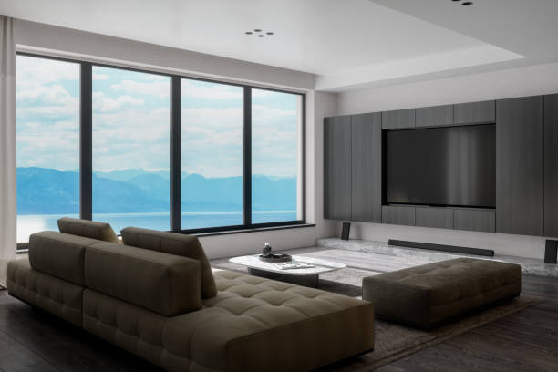 istock Modern Luxury Living Room With Panoramic Ocean View 1421743994