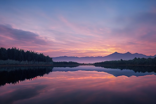 wilderness mountain lake at sunset, square frame (XXL)