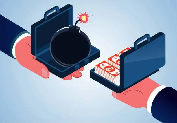 Vector illustration of Dangerous, dishonest, treacherous, treacherous evil, fraudulent deal, isometric hand holds a briefcase with money inside and another with a bomb inside