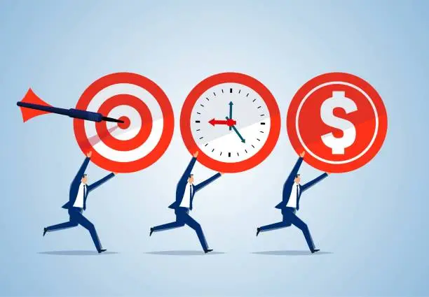 Vector illustration of Business achievement, team goal, team members run forward together with target, clock, gold coins