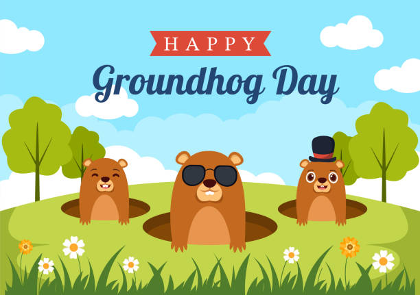szczęśliwego dnia świstaka 2 lutego z uroczą postacią świstaka i szablonem tła ogrodowego ręcznie rysowana płaska ilustracja z kreskówki - groundhog day stock illustrations