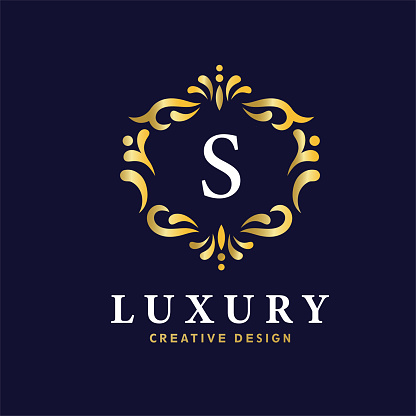 Gold badge initial letter s logo luxury calligraphic vector image, s Letter With Golden Shine On Classy Badge Design