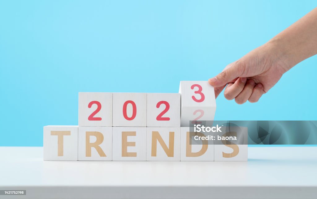 Number 2023 and word trends on the table Number 2023 and word trends on the table. Adulation Stock Photo