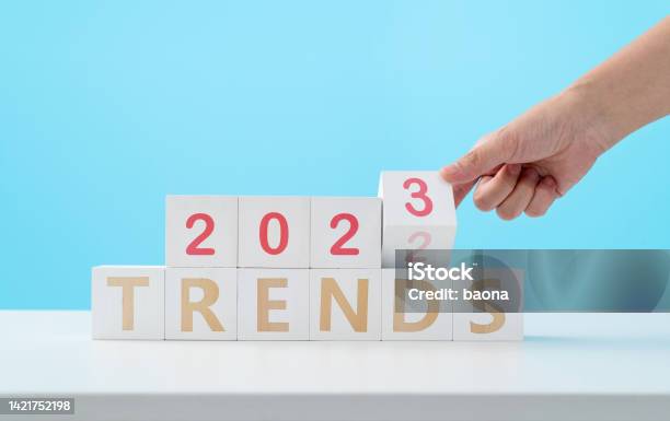 Number 2023 And Word Trends On The Table Stock Photo - Download Image Now - Adulation, 2023, Forecasting