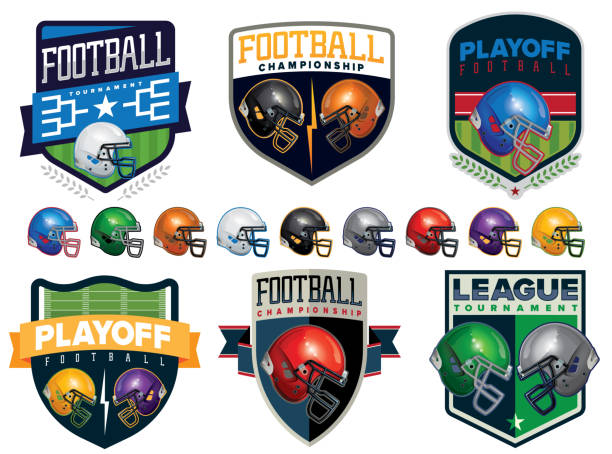 значок, логотип и шлем турнира по американскому футболу - american football league stock illustrations