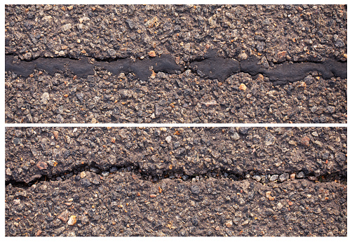 A fresh crack in the asphalt, the one filled with bitumen, repaired. Collage.