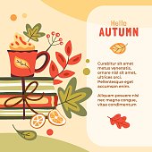 istock Autumn illustration with books, hot drink and leaves, place for text 1421772541
