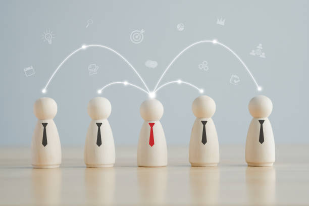 istock Teamwork. Successful team. Leadership. Business achievement goal and objective target. Social connections. Wooden person figure leader with line connection for communication and Coordination to team. 1421773762