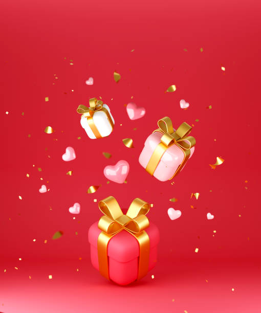 istock Red, pink and white gift boxes and hearts falling on red background 1421774378