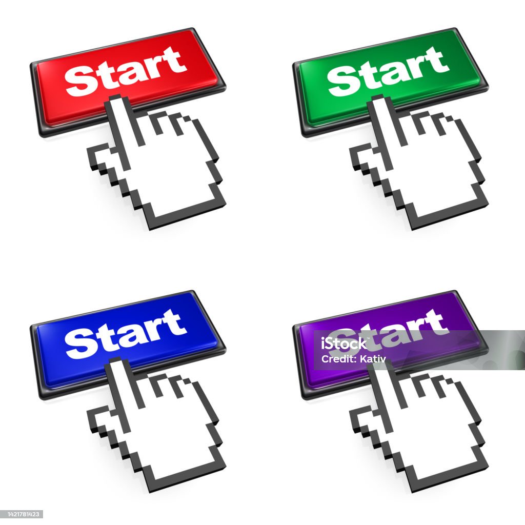 Illustration Button Series - Start Computer mouse hand pointer ready to click on the START button - Includes 4 popular colors (red, green, blue, purple) for use. Aiming Stock Photo