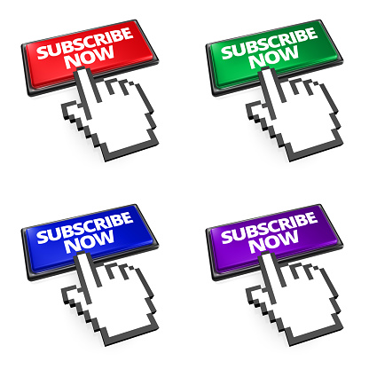 Computer mouse hand pointer ready to click on the SUBSCRIBE NOW button - Includes 4 popular colors (red, green, blue, purple) for use.