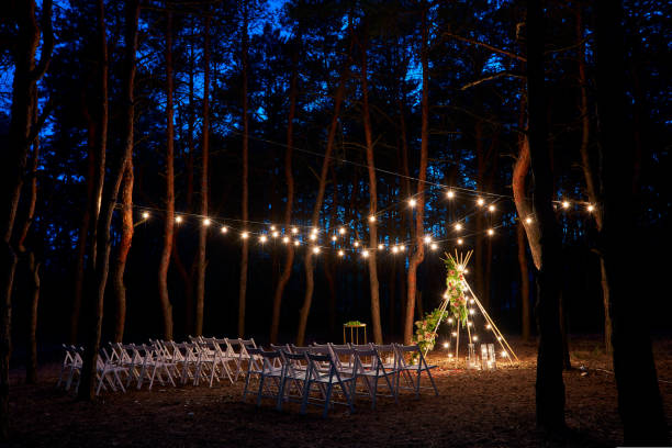 istock Festive string lights illumination on boho tipi arch decor on outdoor wedding ceremony venue in pine forest at night. Vintage string lights bulb garlands shining above chairs at summer rural wedding. 1421783944