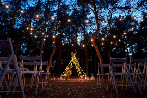 istock Festive string lights illumination on boho tipi arch decor on outdoor wedding ceremony venue in pine forest at night. Vintage string lights bulb garlands shining above chairs at summer rural wedding. 1421784703
