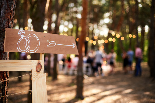 Cartel de flecha de madera con anillos de boda en el lugar de la ceremonia. Publicación del banner de la fiesta de bodas. Banner de información de dirección para huéspedes en bosque de pinos al aire libre. Decoración rústica o de estilo rústico. photo