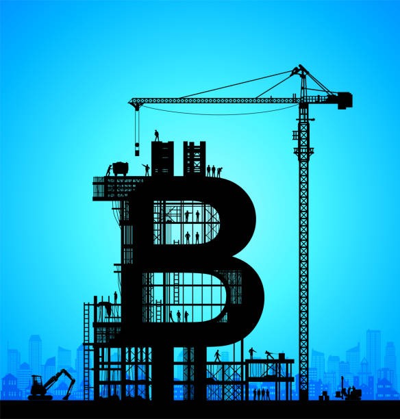 ilustrações, clipart, desenhos animados e ícones de fazendo o bitcoin - silhouette crane construction construction site