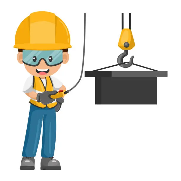 Vector illustration of Industrial construction worker using an overhead crane to move a piece of metal. Worker with his personal protective equipment. Industrial safety and occupational health at work