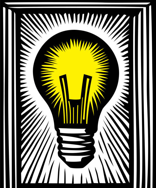 illustrazioni stock, clip art, cartoni animati e icone di tendenza di lampadina a xilografia - light bulb inspiration ideas inks on paper