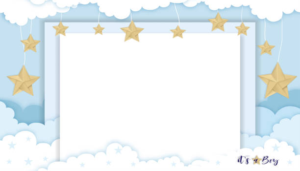 istock Baby shower card on blue background for boy,Vector illustration Paper art abstract origami cloudscape and stars on blue sky,Cute paper cut with copy space for baby's photos 1421797271