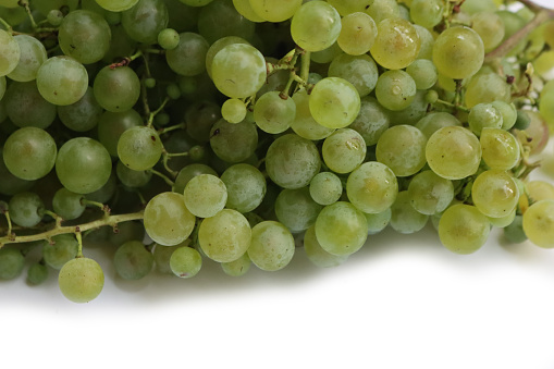 Fresh green grape cluster isolated on white background. Vitis vinifera fruit