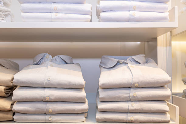 istock A pile of bluish shirts on a shelf 1421800756