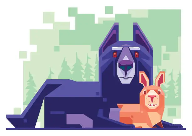 Vector illustration of wolf and rabbit sitting and looking