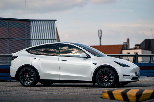 Tesla Model Y Performance parked on the top deck of a parking garage in Augsburg, Germany