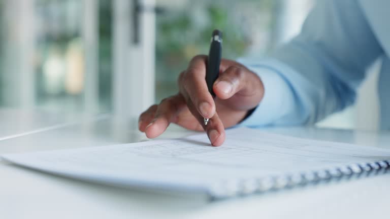 Contract, form and sign paperwork of business man quickly reading through information. Closeup of male employee hands scanning and signing papers for agreement to follow work policy.