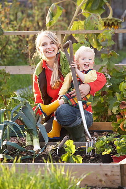 istock Woman working on allotment with child 142180507