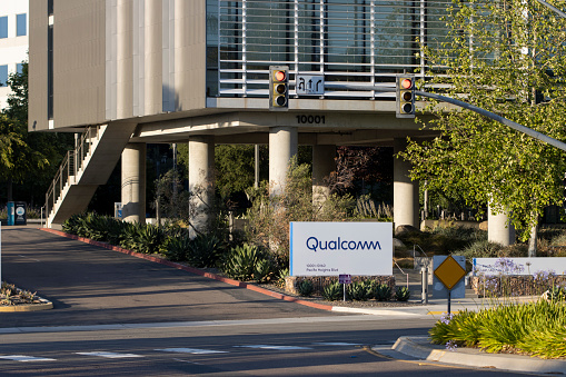 San Diego, CA, USA - May 13, 2022: One of the entrances to the headquarters of Qualcomm in San Diego, California. Qualcomm is an American semiconductor and telecommunications equipment conpany.