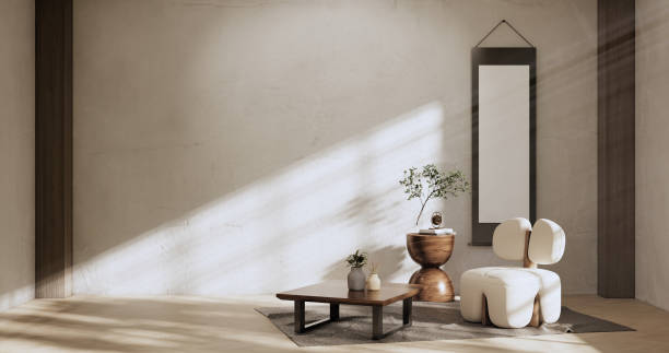 ghế sofa ghế bành và trang trí kiểu nhật bản trên phong cách wabisabi nội thất phòng hiện đại.3d rendering - wabi sabi hình ảnh sẵn có, bức ảnh & hình ảnh trả phí bản quyền một lần