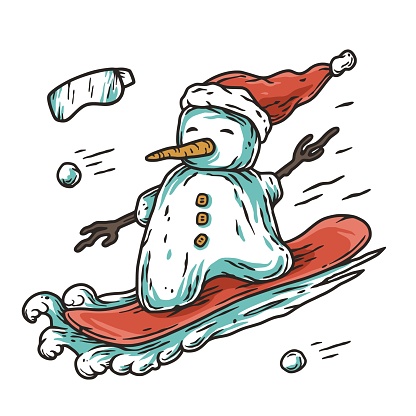 Winter snowman on snowboard for print design. Winter ice design with iceman, snowball and snow goggles for merry christmas holiday or new year