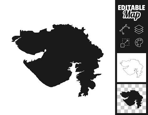 Map of Gujarat for your own design. Three maps with editable stroke included in the bundle: - One black map on a white background. - One line map with only a thin black outline in a line art style (you can adjust the stroke weight as you want). - One map on a blank transparent background (for change background or texture). The layers are named to facilitate your customization. Vector Illustration (EPS file, well layered and grouped). Easy to edit, manipulate, resize or colorize. Vector and Jpeg file of different sizes.