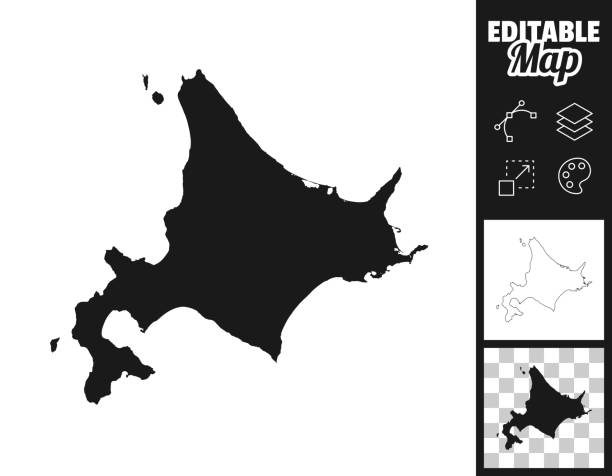 Hokkaido maps for design. Easily editable Map of Hokkaido for your own design. Three maps with editable stroke included in the bundle: - One black map on a white background. - One line map with only a thin black outline in a line art style (you can adjust the stroke weight as you want). - One map on a blank transparent background (for change background or texture). The layers are named to facilitate your customization. Vector Illustration (EPS file, well layered and grouped). Easy to edit, manipulate, resize or colorize. Vector and Jpeg file of different sizes. hokkaido stock illustrations