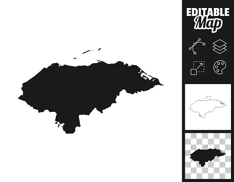 Map of Honduras for your own design. Three maps with editable stroke included in the bundle: - One black map on a white background. - One line map with only a thin black outline in a line art style (you can adjust the stroke weight as you want). - One map on a blank transparent background (for change background or texture). The layers are named to facilitate your customization. Vector Illustration (EPS file, well layered and grouped). Easy to edit, manipulate, resize or colorize. Vector and Jpeg file of different sizes.
