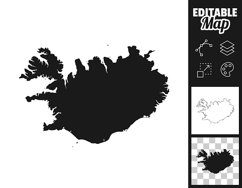 Map of Iceland for your own design. Three maps with editable stroke included in the bundle: - One black map on a white background. - One line map with only a thin black outline in a line art style (you can adjust the stroke weight as you want). - One map on a blank transparent background (for change background or texture). The layers are named to facilitate your customization. Vector Illustration (EPS file, well layered and grouped). Easy to edit, manipulate, resize or colorize. Vector and Jpeg file of different sizes.