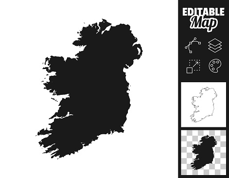 Map of Ireland for your own design. Three maps with editable stroke included in the bundle: - One black map on a white background. - One line map with only a thin black outline in a line art style (you can adjust the stroke weight as you want). - One map on a blank transparent background (for change background or texture). The layers are named to facilitate your customization. Vector Illustration (EPS file, well layered and grouped). Easy to edit, manipulate, resize or colorize. Vector and Jpeg file of different sizes.