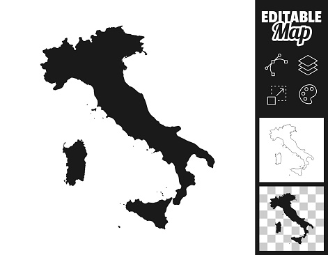 Map of Italy for your own design. Three maps with editable stroke included in the bundle: - One black map on a white background. - One line map with only a thin black outline in a line art style (you can adjust the stroke weight as you want). - One map on a blank transparent background (for change background or texture). The layers are named to facilitate your customization. Vector Illustration (EPS file, well layered and grouped). Easy to edit, manipulate, resize or colorize. Vector and Jpeg file of different sizes.
