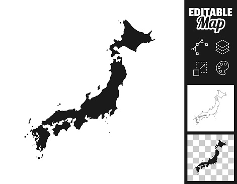 Map of Japan for your own design. Three maps with editable stroke included in the bundle: - One black map on a white background. - One line map with only a thin black outline in a line art style (you can adjust the stroke weight as you want). - One map on a blank transparent background (for change background or texture). The layers are named to facilitate your customization. Vector Illustration (EPS file, well layered and grouped). Easy to edit, manipulate, resize or colorize. Vector and Jpeg file of different sizes.