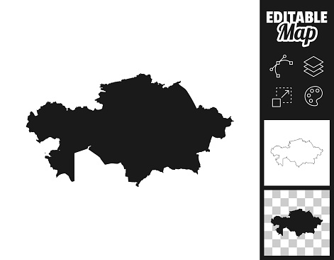 Map of Kazakhstan for your own design. Three maps with editable stroke included in the bundle: - One black map on a white background. - One line map with only a thin black outline in a line art style (you can adjust the stroke weight as you want). - One map on a blank transparent background (for change background or texture). The layers are named to facilitate your customization. Vector Illustration (EPS file, well layered and grouped). Easy to edit, manipulate, resize or colorize. Vector and Jpeg file of different sizes.