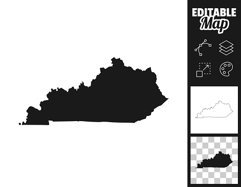 Map of Kentucky for your own design. Three maps with editable stroke included in the bundle: - One black map on a white background. - One line map with only a thin black outline in a line art style (you can adjust the stroke weight as you want). - One map on a blank transparent background (for change background or texture). The layers are named to facilitate your customization. Vector Illustration (EPS file, well layered and grouped). Easy to edit, manipulate, resize or colorize. Vector and Jpeg file of different sizes.