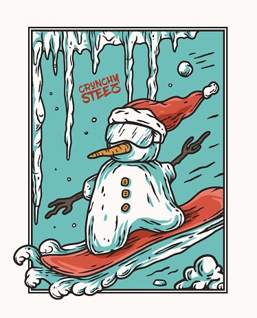 Winter snowman in snow goggles on snowboard for print design. Winter ice design with iceman and icicles for merry christmas holiday or new year