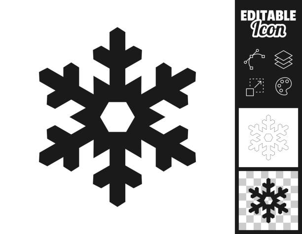 Snowflake. Icon for design. Easily editable Icon of "Snowflake" for your own design. Three icons with editable stroke included in the bundle: - One black icon on a white background. - One line icon with only a thin black outline in a line art style (you can adjust the stroke weight as you want). - One icon on a blank transparent background (for change background or texture). The layers are named to facilitate your customization. Vector Illustration (EPS file, well layered and grouped). Easy to edit, manipulate, resize or colorize. Vector and Jpeg file of different sizes. snowflakes stock illustrations