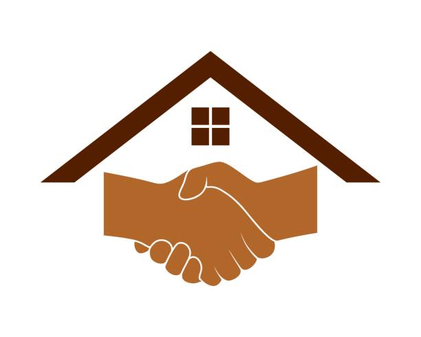 House roof with hand shaking House roof with hand shaking contracting stock illustrations