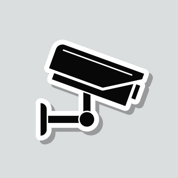 ilustraciones, imágenes clip art, dibujos animados e iconos de stock de cctv - cámara de seguridad. pegatina de icono sobre fondo gris - gray background audio