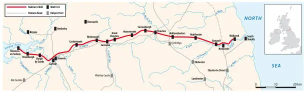 Vector illustration of Map of the Roman border fortifications Hadrians Wall in United Kingdom